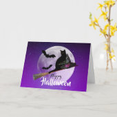 Halloween Black Cat op Broom Full Moon Kaart (Gele Bloem)