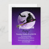 Halloween Black Cat op Broom Full Moon Party Uitnodiging Briefkaart (Voorkant / Achterkant)