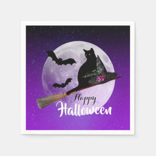 Halloween Black Cat op Broom Full Moon Servet