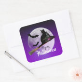 Halloween Black Cat op Broom Full Moon Vierkante Sticker (Envelop)
