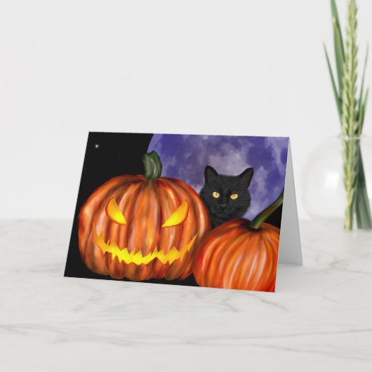 Halloween Black Cat Oranje Pumpkins Art Kaart (Voorkant)