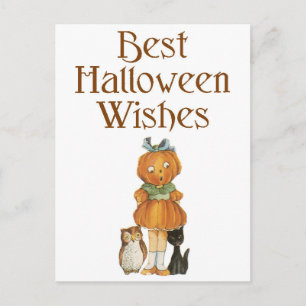 Halloween Black Cat, Pumpkin Girl en Owl Briefkaart