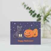 Halloween Black Cat Pumpkins Lantern Purple Briefkaart (Staand voorkant)
