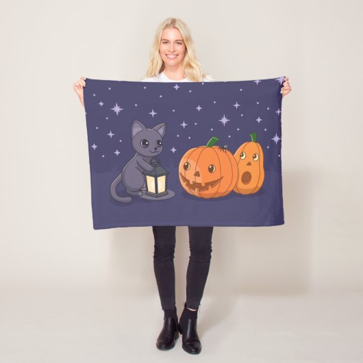 Halloween Black Cat Pumpkins Lantern Purple Fleece Deken (In situ)