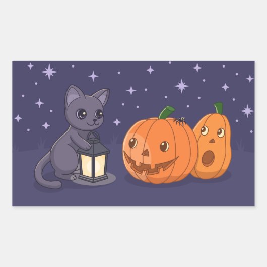 Halloween Black Cat Pumpkins Lantern Purple Rechthoekige Sticker (Voorkant)