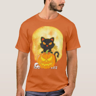 Halloween Black Cat Scary Pumpkin op de maan Manne T-shirt