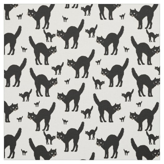 Halloween Black Cat Silhouette Pattern White BG Stof (Swatch)