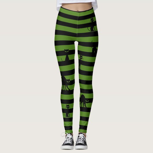 Halloween Black Cat & Stripes Leggings Olive Green (Voorkant)