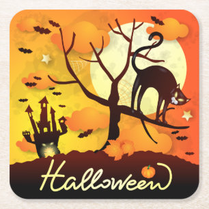 Halloween Black Cat Vierkante Kartonnen Onderzetter