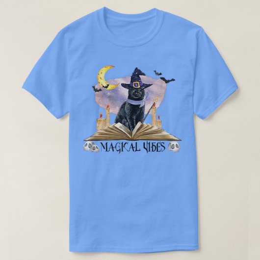 Halloween Black Cat Witch Hat & Moon Magical Vibes T-shirt (Design voorkant)