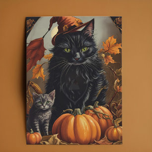 Halloween Black Cat Witch Kitten Pompoenen Feestdagenkaart