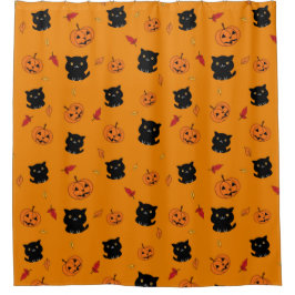 Halloween Black Cats and Pumpkins Pattern Douchegordijn