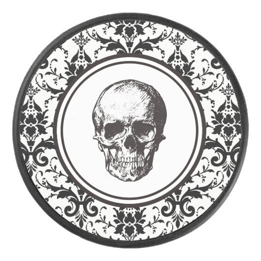 HALLOWEEN Black Gothic Damask Pattern Skull Hockey Puck (Voorkant)