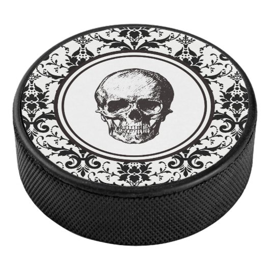 HALLOWEEN Black Gothic Damask Pattern Skull Hockey Puck (3/4)
