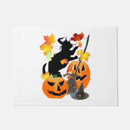 Halloween Black Kat Batting  bladeren Deurmat (Voorkant)