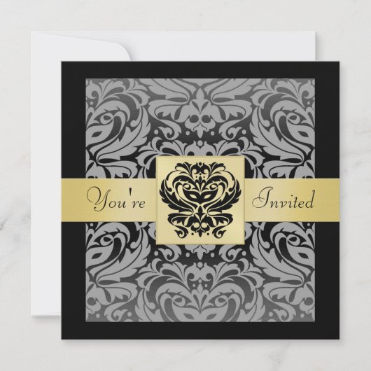 Halloween Black Mask Damask Gold Ribbon Invitation Kaart (Voorkant)