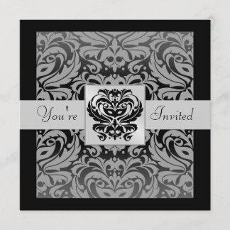 Halloween Black Mask Damask Gray Ribbon Invitation Kaart