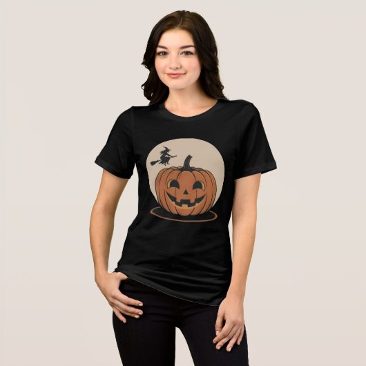 Halloween Black T-shirt Jack O Lantern Flying Witc (Voorkant volledig)