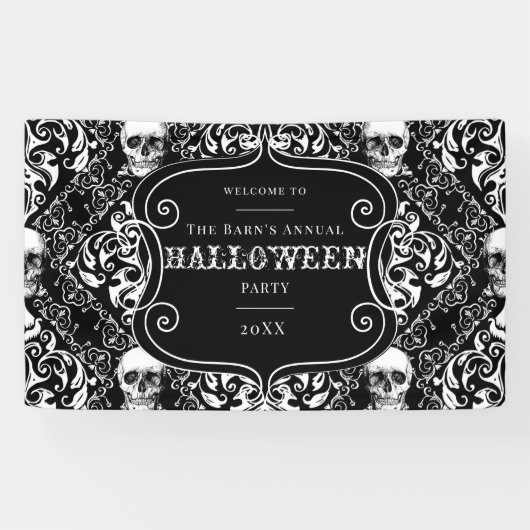 Halloween Black White  Gothic Skull Damask Spandoek (Horizontaal)