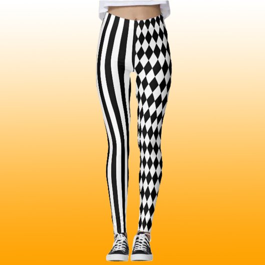 Halloween Black White Stripes Harlequin Pattern Leggings