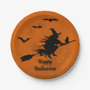 Halloween Black Witch Flying Oranje Moon Papieren Bordje