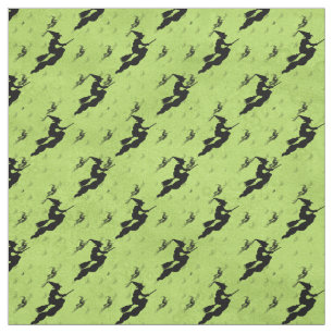 Halloween Black Witch Silhouette Pattern Green Stof