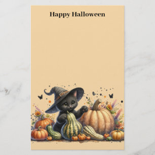 Halloween Black Witch's Kitten met pompoenen kaleb Briefpapier