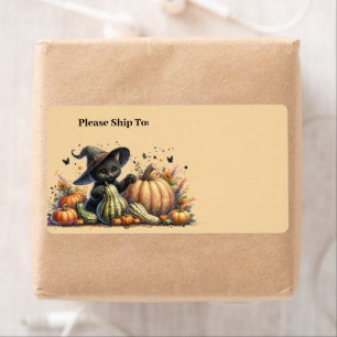 Halloween Black Witch's Kitten met pompoenen kaleb Etiket