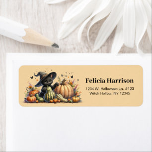 Halloween Black Witch's Kitten met pompoenen kaleb Etiket