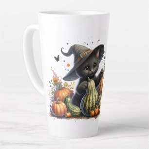Halloween Black Witch's Kitten met pompoenen kaleb Latte Mok