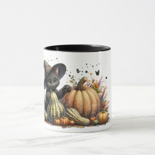 Halloween Black Witch's Kitten met pompoenen kaleb Mok (Midden)