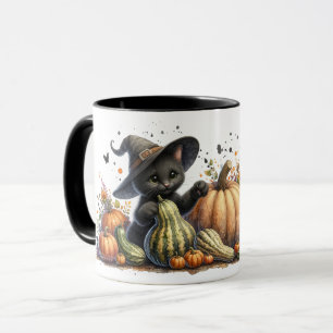 Halloween Black Witch's Kitten met pompoenen kaleb Mok