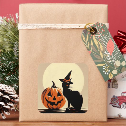 Halloween Black Witchy Cat en Pumpkin Sticker (Feestdagen)