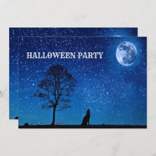 Halloween Black Wolf Tree Navy Blue Full Moon Kaart
