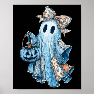 Halloween Blue Denim Boo Ghost Floral Coquette Fal Poster