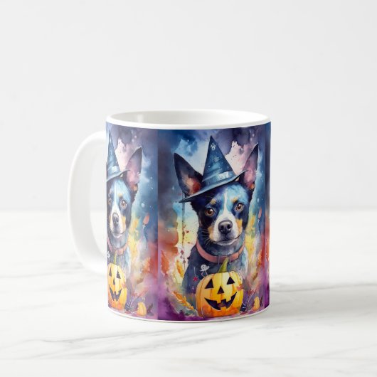 Halloween Blue Heeler met pompoenen eng Koffiemok (Voorkant links)