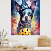 Halloween Blue Heeler met pompoenen eng Poster (Keuken)