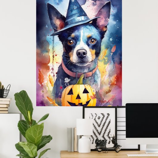 Halloween Blue Heeler met pompoenen eng Poster (Thuiskantoor)