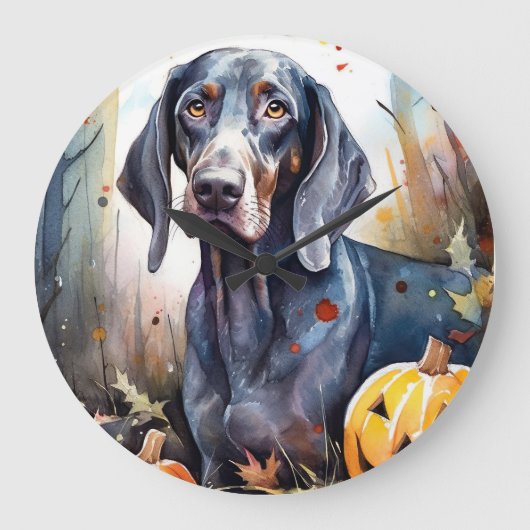 Halloween Bluetick Coonhound met pompoenen Scary Grote Klok (Voorkant)