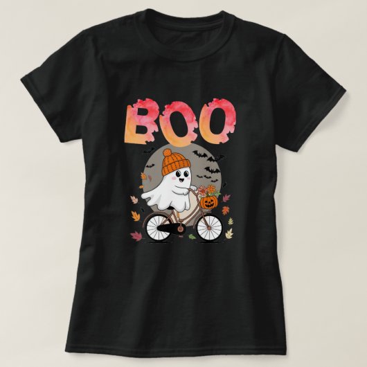 Halloween Boo-tiful Schattigee geest op een fiets T-shirt (Design voorkant)