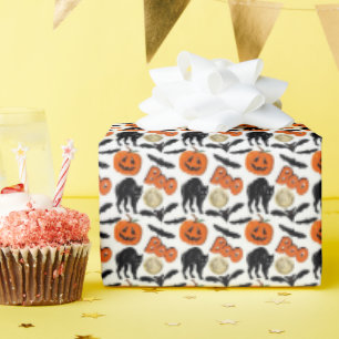 Halloween Boo Vleermuizen Kat Pompoen en Maan Teke Cadeaupapier
