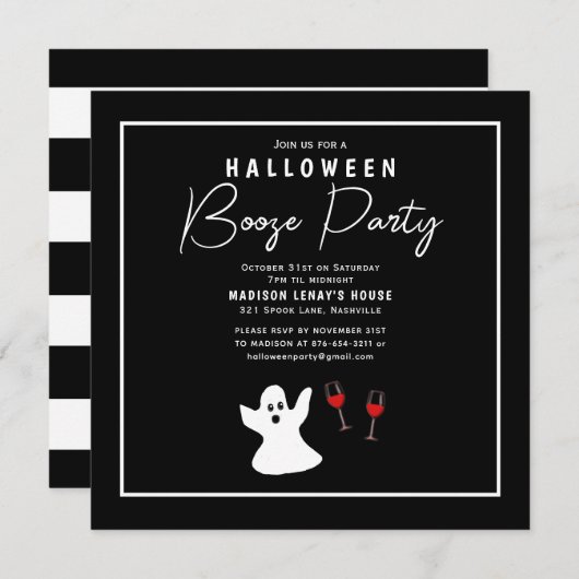 Halloween Booze Party Black White Ghost Invitation (Devant / Derrière)