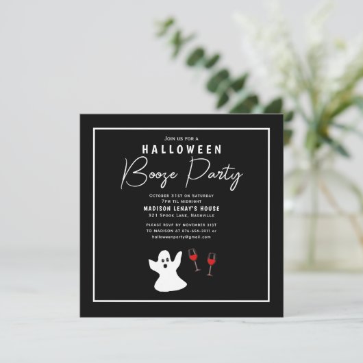 Halloween Booze Party Black White Ghost Invitation (Staand voorkant)