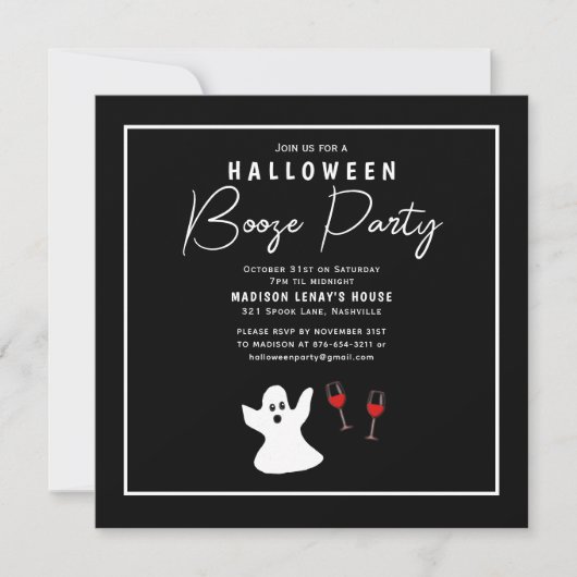 Halloween Booze Party Black White Ghost Invitation (Devant)