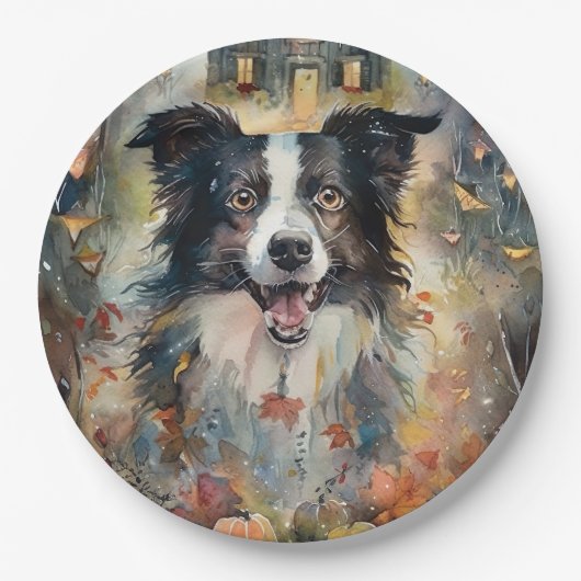 Halloween Border Collie met pomkins Scary Papieren Bordje (Voorkant)