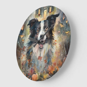 Halloween Border Collie Met Pompoenen Eng Grote Klok