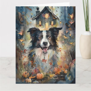 Halloween Border Collie Met Pompoenen Griezelen Kaart