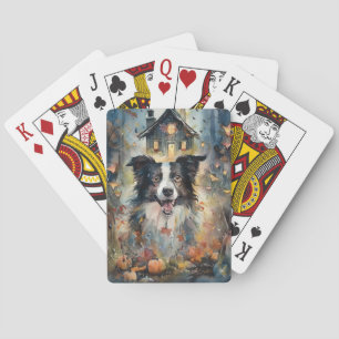 Halloween Border Collie Met Pompoenen Griezelen Pokerkaarten