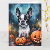 Halloween Boston Terrier met pomkins Scary Kaart (Gele Bloem)