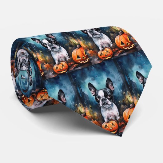 Halloween Boston Terrier met pomkins Scary Stropdas (Opgerold)
